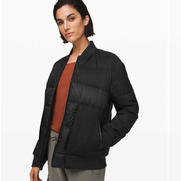 Lululemon Roam Far Wool Goose Down Bomber Puffer Jacket Black/Heathered Black 10 - Picture 1 of 16